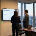 Two professionals reviewing an AI roadmap presentation on a screen in a modern office overlooking a city skyline