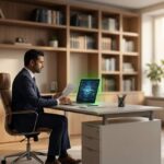 Professional reviewing documents at desk with AI interface on laptop in modern office.