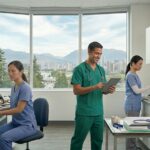 A clinical team using tablets and digital records in a modern exam room with a Vancouver city view.
