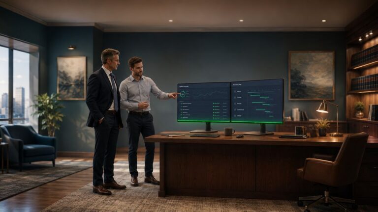 IT disaster recovery planning session reviewing system recovery status and a recovery plan on dual monitors in a professional office.